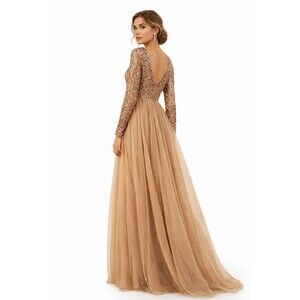 Maya Deluxe Champagne Sequin Tulle Maxi Dress Open Back Long Sleeve Formal Prom